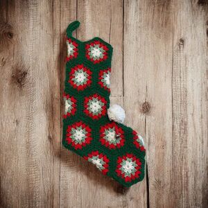 Vintage handmade Granny Square crochet Christmas stocking 19” Mantle Fireplace